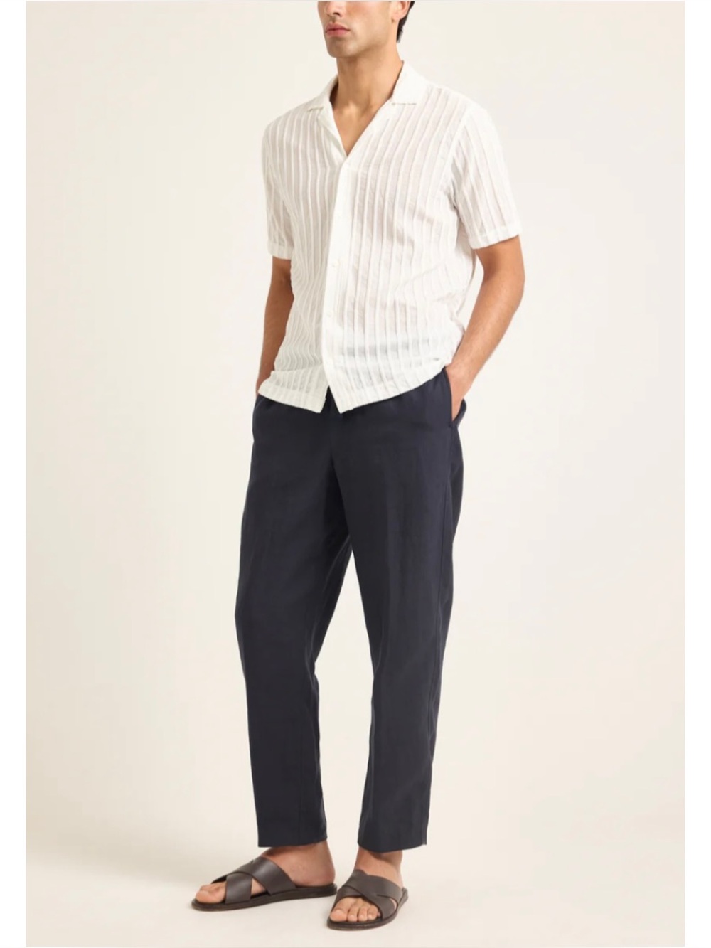 ORLEBAR BROWN | Relaxed Fit Drawstring Linen Ankle Trousers in Navy, Size 38